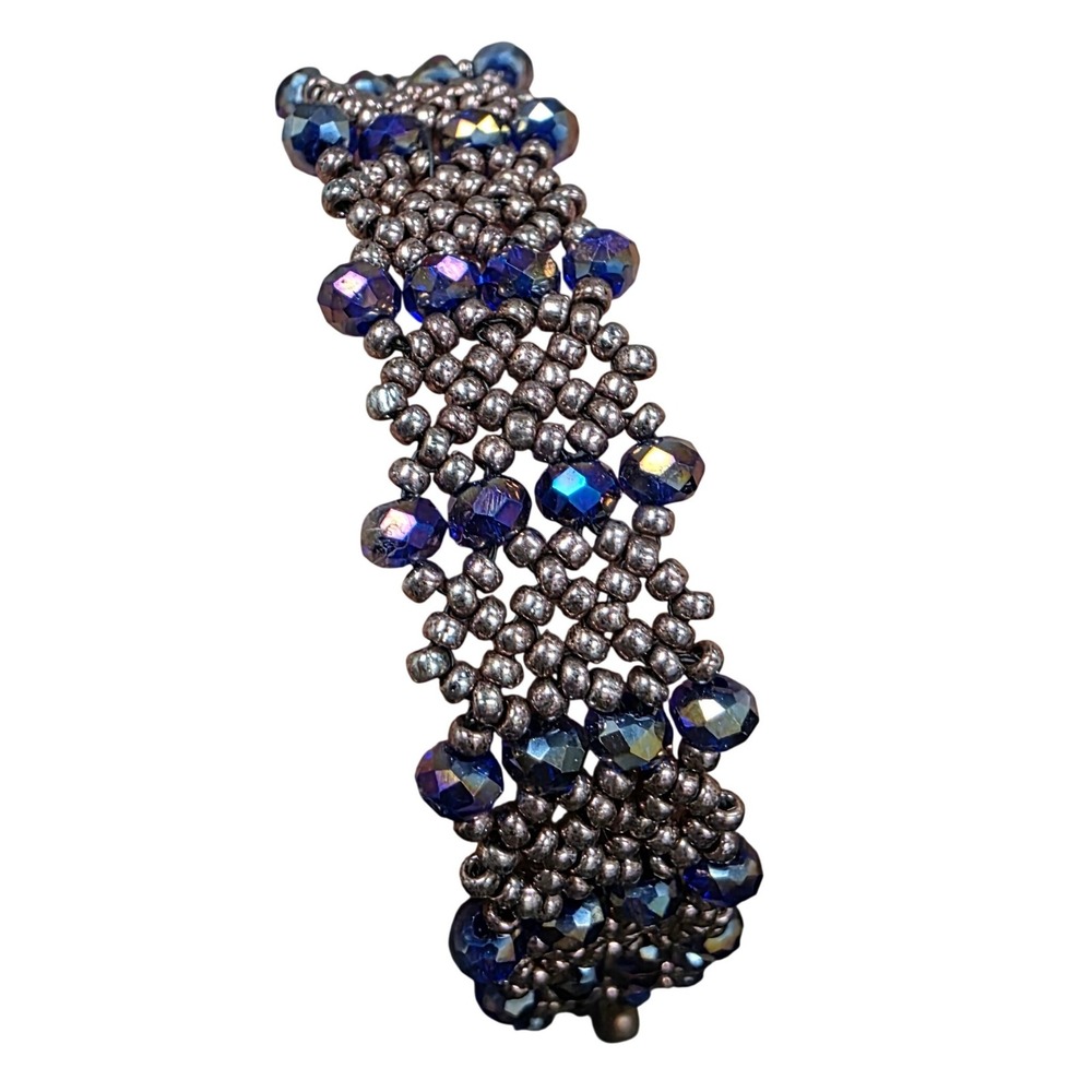 Handmade Beaded Cuff Bracelet Blue Iridescent Crystal Bronze Seed Bead Magnetic